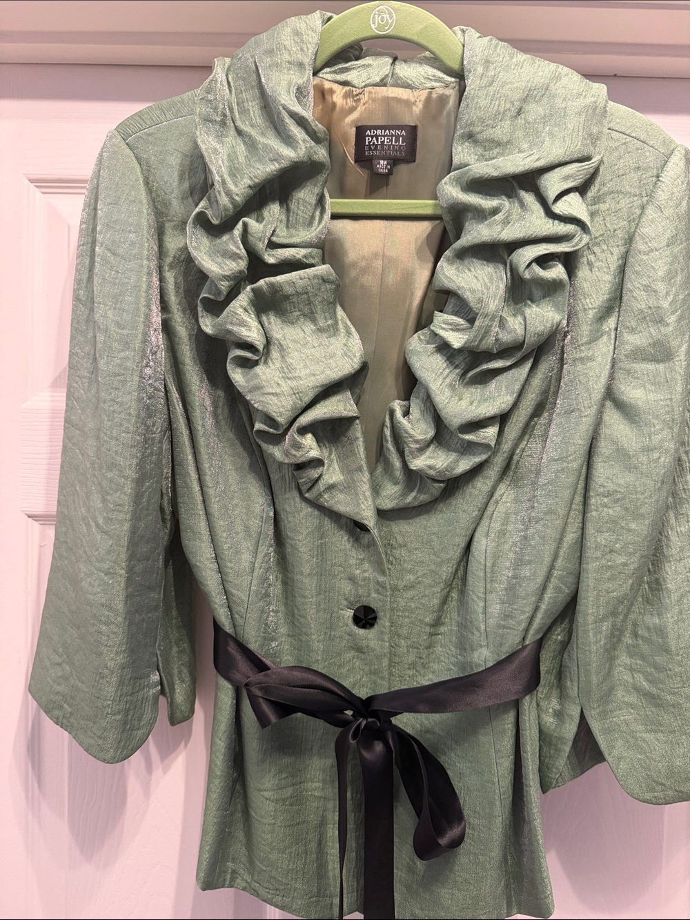 Adrianna Papell Sage Green Ruffle Collar Blazer with Satin Waist Tie